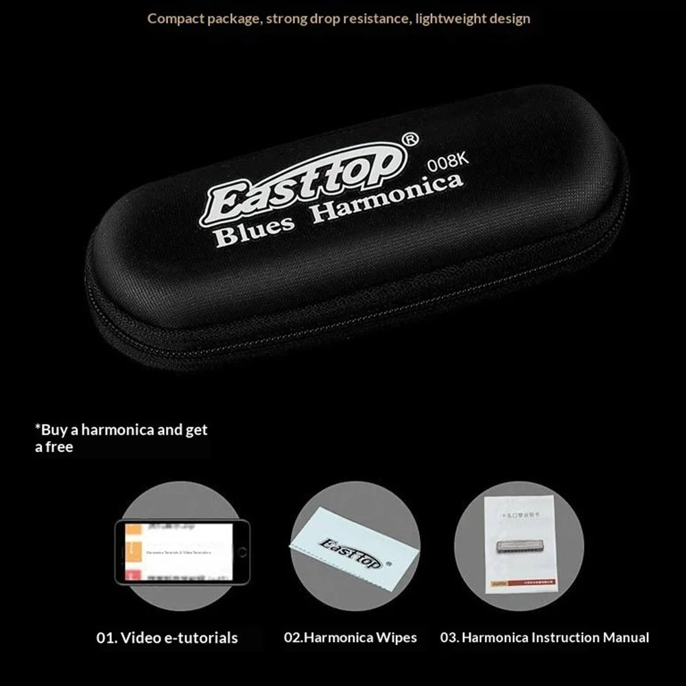 EASTTOP 008K 10 Hole Blues Harmonica Multi-Key Copper Cover Phosphor Bronze Reeds for Blues Country Jazz - A Key / Black - 2