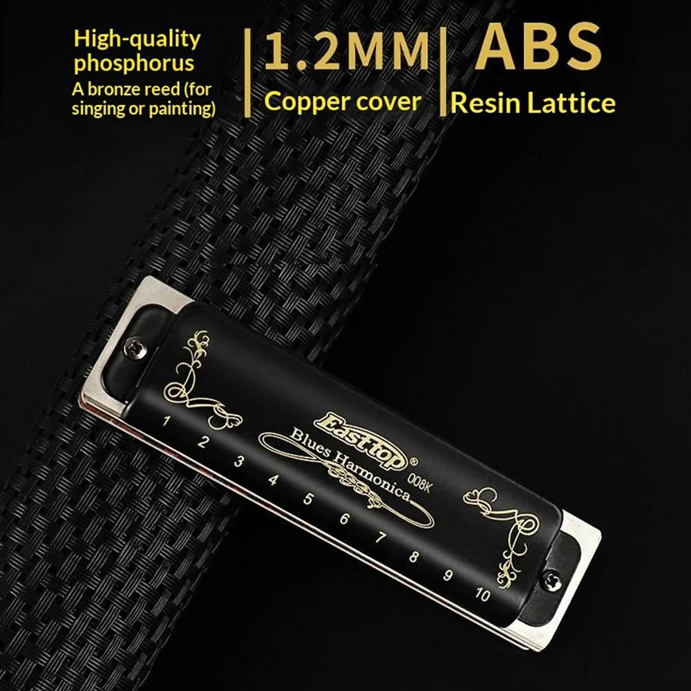 EASTTOP 008K 10 Hole Blues Harmonica Multi-Key Copper Cover Phosphor Bronze Reeds for Blues Country Jazz - A Key / Black - 3
