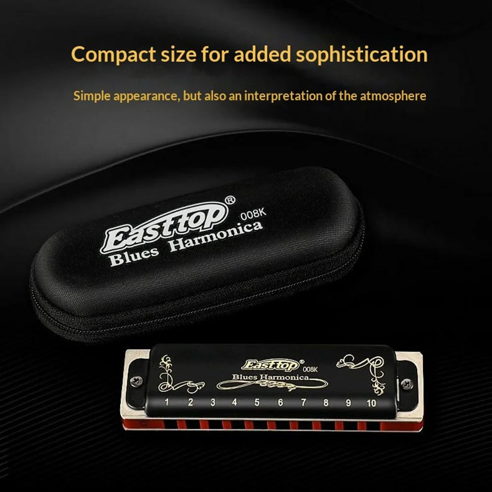 EASTTOP 008K 10 Hole Blues Harmonica Multi-Key Copper Cover Phosphor Bronze Reeds for Blues Country Jazz - A Key / Black - 4