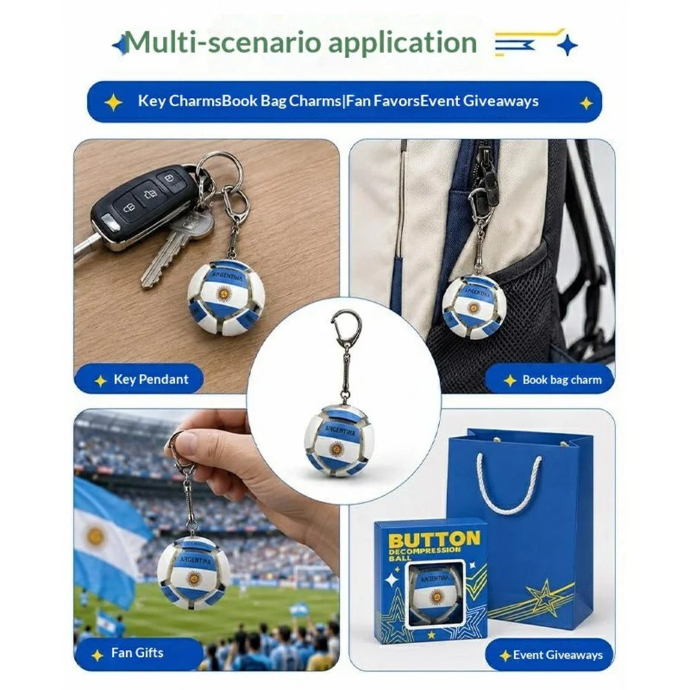 Football Keychain Country Flag Pattern Purse Bag Key Chain Press Button Decompression Ball Fidget Toy for Stress Relief - Argentina - 4