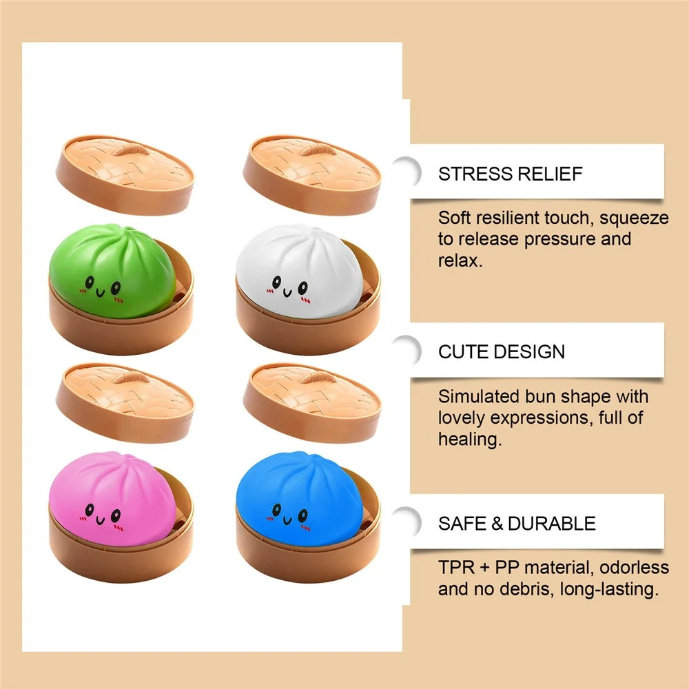 DOWMOO Cute Steamed Bun Shape Squeeze Toy with Steamer Box Slow Rising Stress Relief Toy Desktop Decoration - Bright Red - 5