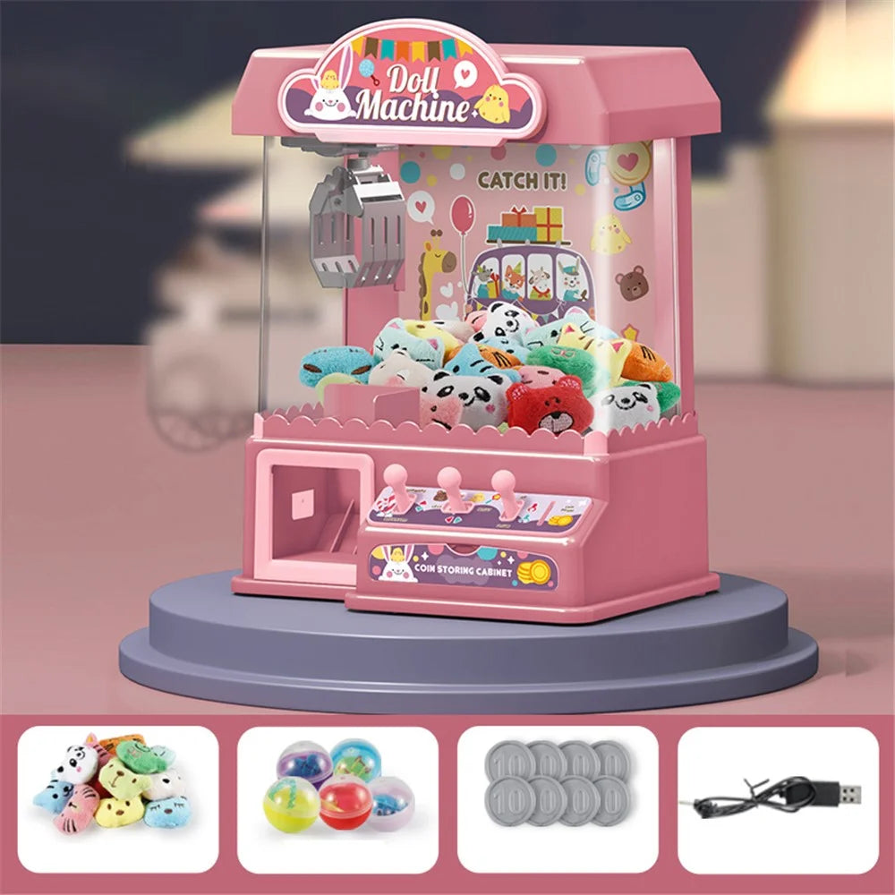 JJT839A Claw Machine Doll Machine with 10 Dolls, 20 Coins, 10 Twisted Egg Sounds and Lights Doll Machine Best Gift Toy for Kids Support USB / Battery Dual Powered - Pink - 1