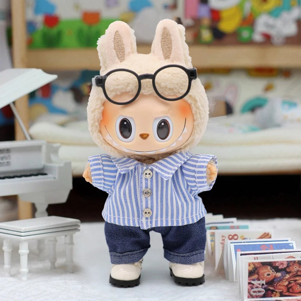 4Pcs Doll Clothes for Labubu Gen 1 / 2 / 3 17cm Collectible Figurines Striped Shirt Jeans Glasses Leather Shoes Set - 1