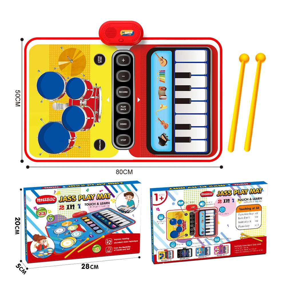 2 in 1 Jass Music Play Mat Electronic Piano Drum Set Early Learning Development Educational Toy for 4-6 Years Kids - White - 4