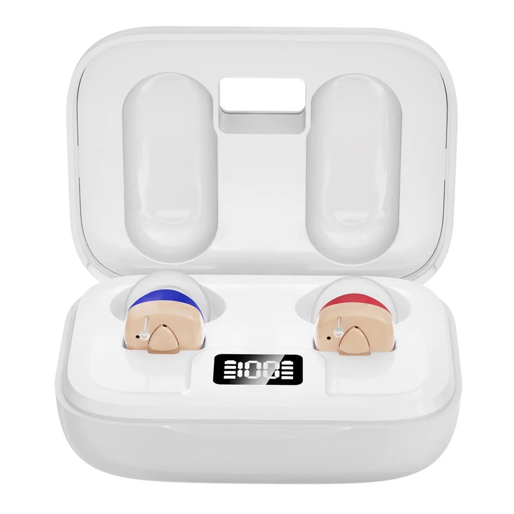 GM-915T Rechargeable Hearing Aids Smart Digital Display In-Ear Elderly Voice Sound Amplifier with Charging Case - Red Blue / White Case - 1