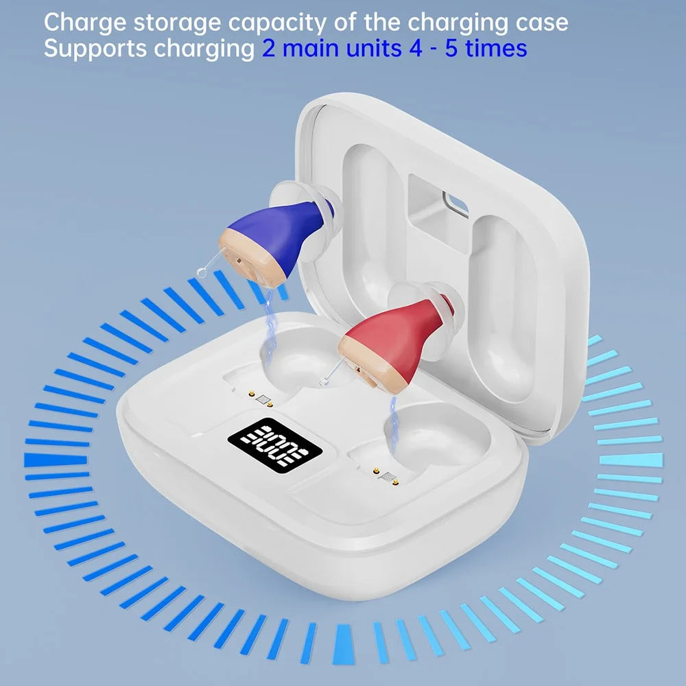 GM-915T Rechargeable Hearing Aids Smart Digital Display In-Ear Elderly Voice Sound Amplifier with Charging Case - Red Blue / White Case - 4