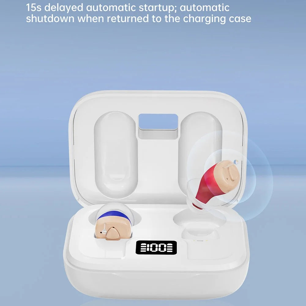 GM-915T Rechargeable Hearing Aids Smart Digital Display In-Ear Elderly Voice Sound Amplifier with Charging Case - Red Blue / White Case - 7
