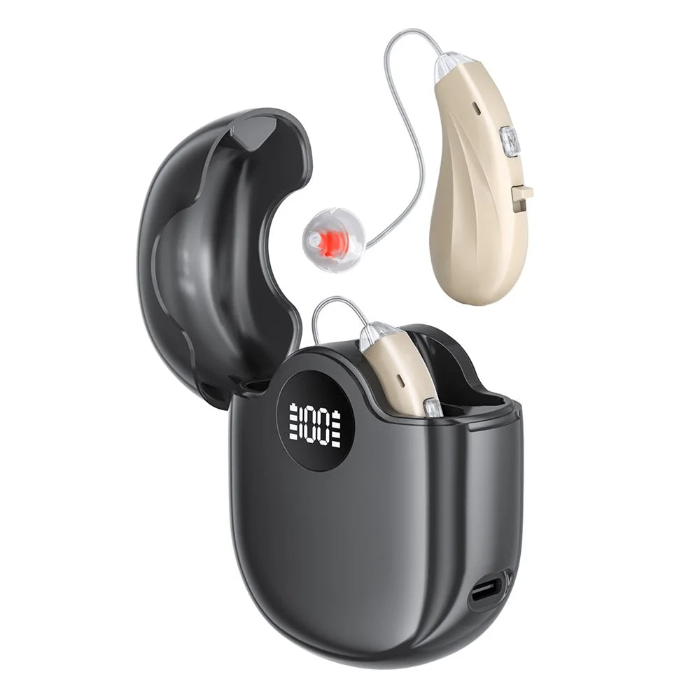 GM-362 RIC Invisible Hearing Aid Rechargeable Behind-the-Ear 16-Channel Digital Voice Sound Amplifier with Charging Case for Elderly - Beige / Black Case - 1