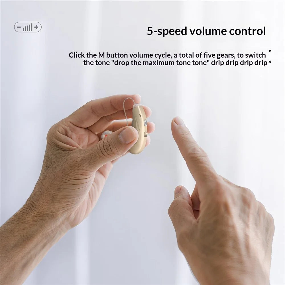 GM-362 RIC Invisible Hearing Aid Rechargeable Behind-the-Ear 16-Channel Digital Voice Sound Amplifier with Charging Case for Elderly - Beige / Black Case - 5