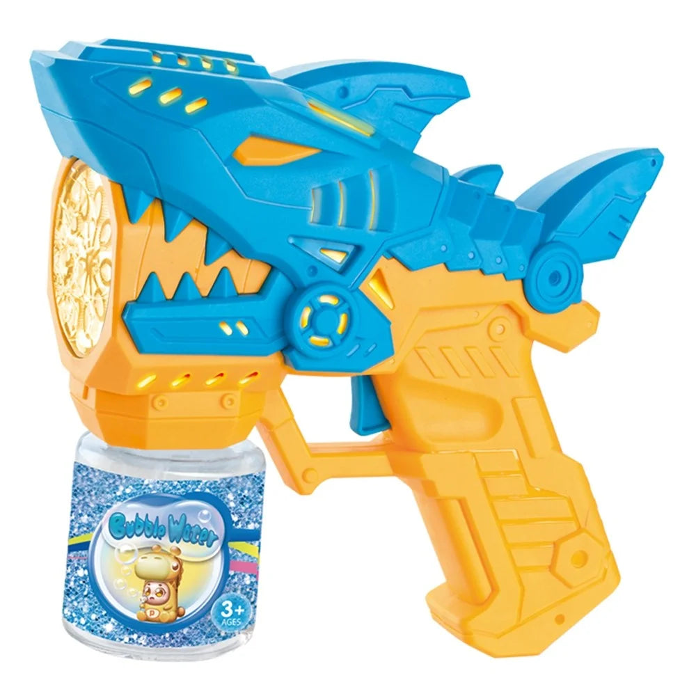 Kids Cartoon Shark Bubble Gun Electric Automatic Light-Up Bubble Machine Outdoor Toy with Bubble Solution Bottle - Yellow / Blue - 1