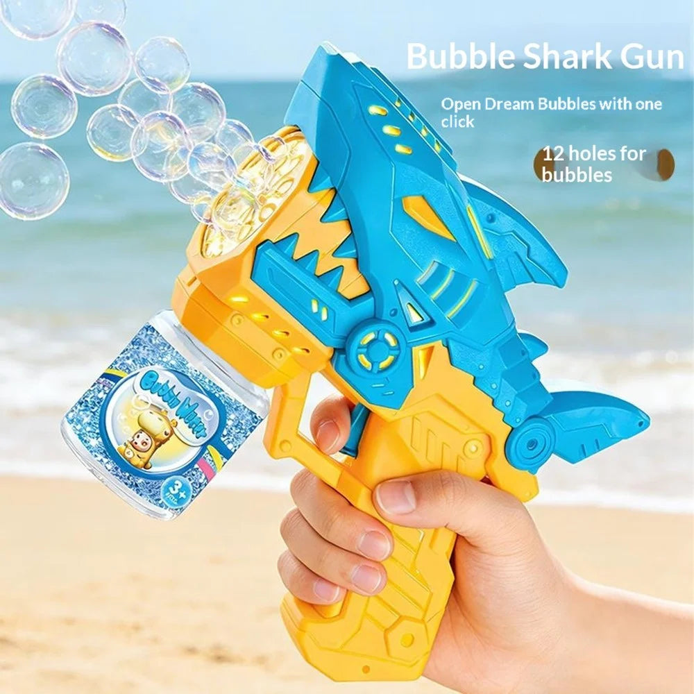 Kids Cartoon Shark Bubble Gun Electric Automatic Light-Up Bubble Machine Outdoor Toy with Bubble Solution Bottle - Yellow / Blue - 2
