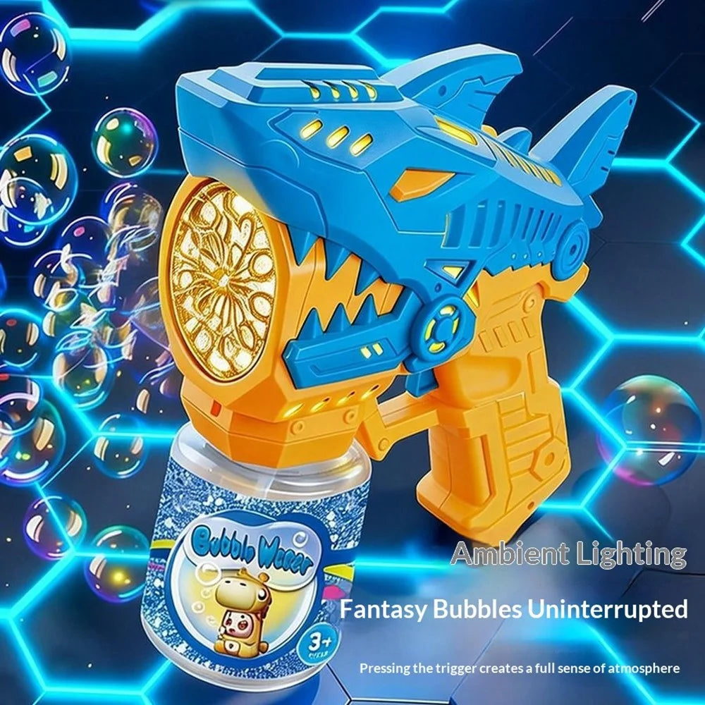 Kids Cartoon Shark Bubble Gun Electric Automatic Light-Up Bubble Machine Outdoor Toy with Bubble Solution Bottle - Yellow / Blue - 4