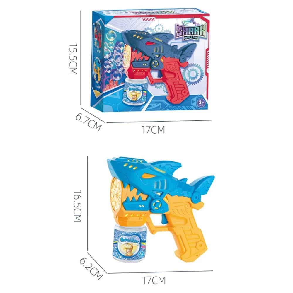 Kids Cartoon Shark Bubble Gun Electric Automatic Light-Up Bubble Machine Outdoor Toy with Bubble Solution Bottle - Yellow / Blue - 6