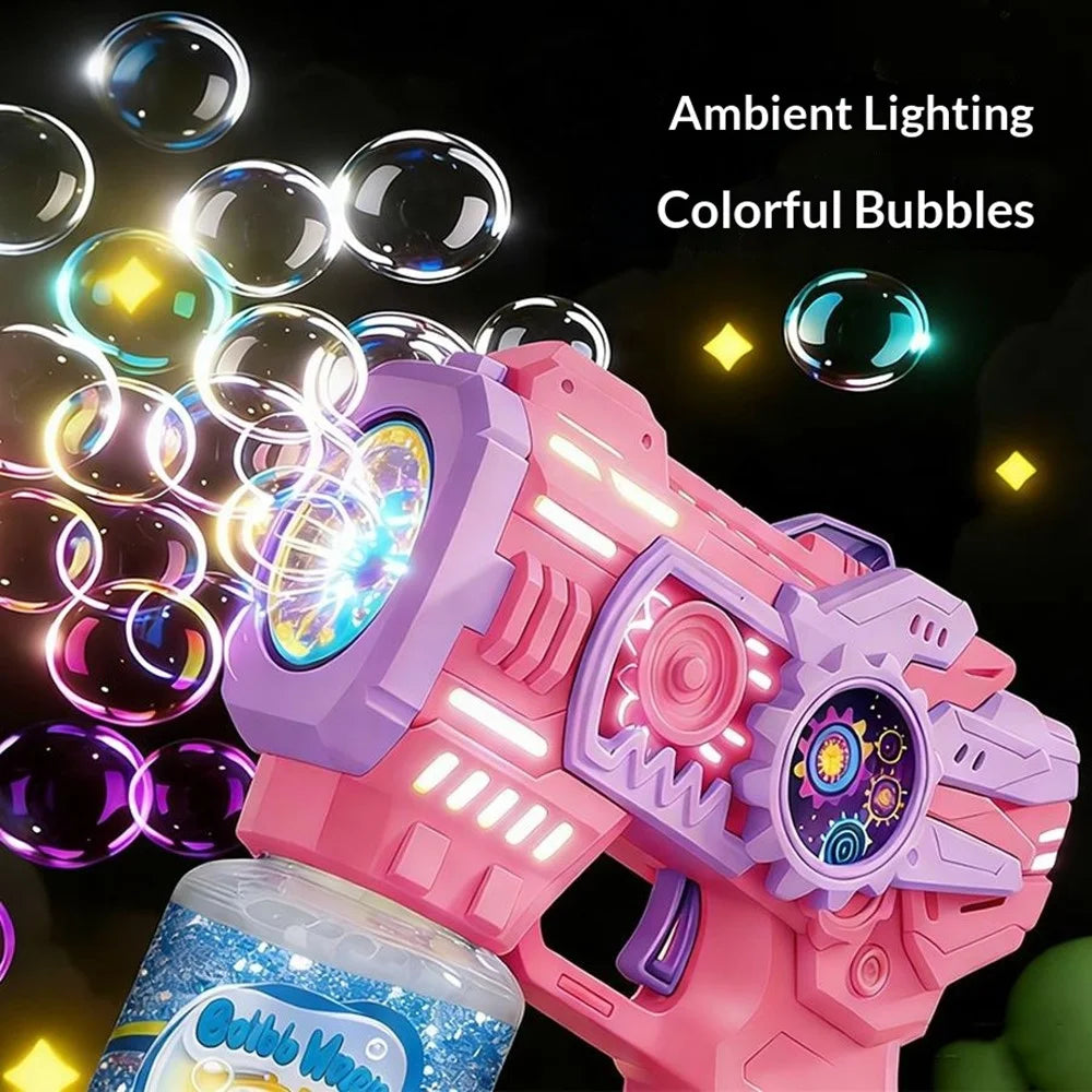 Kids Electric Bubble Gun Automatic Multi-Hole Bubble Machine with LED Lights Gear Design Outdoor Toy with Bubble Solution Bottle - Blue - 6
