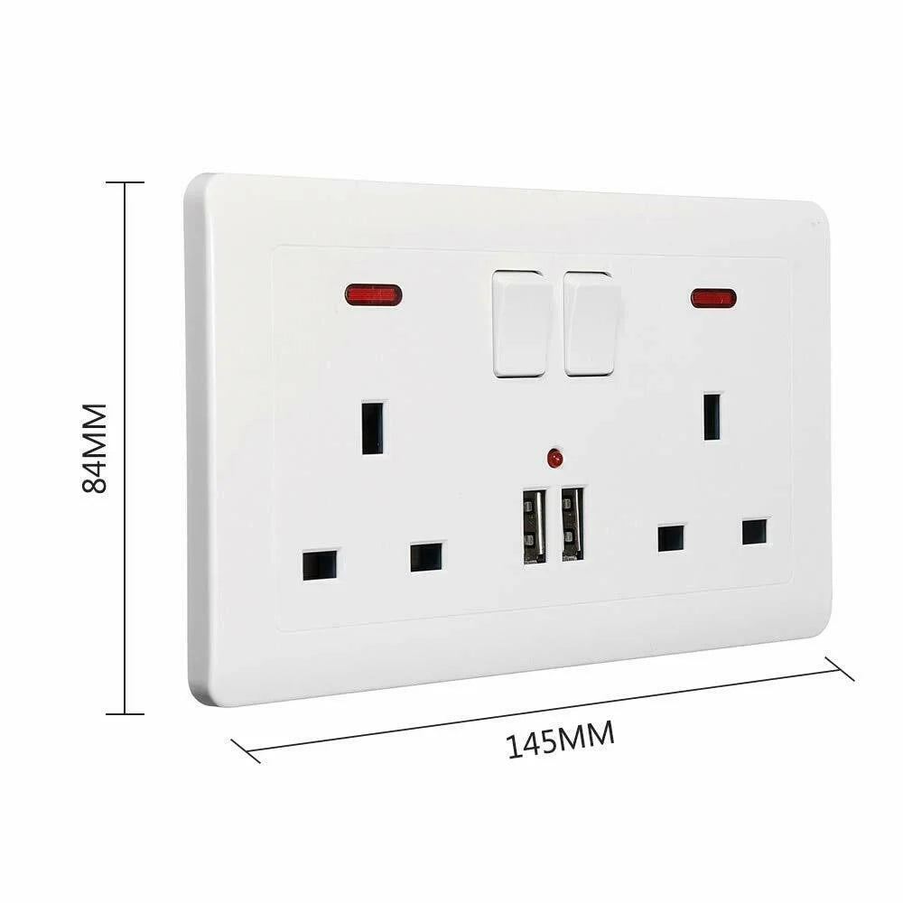 Double Wall Plug Socket 2 Gang 13A 2 USB Charger Port Outlets White Plate UK Plug - 7
