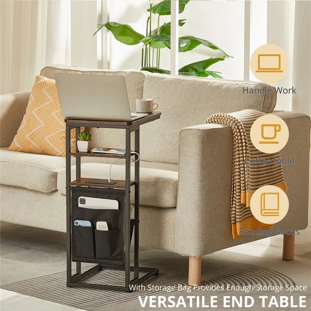 DULCII 595-C Side Table Narrow End Table with Magazine Holder and US Plug Power Outlets, 40x30x71cm - Rustic Brown - 3