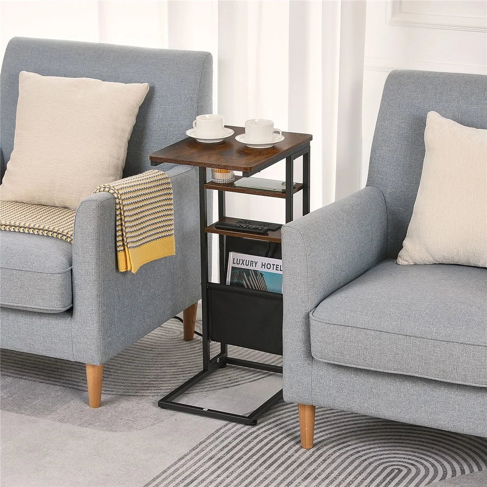 DULCII 595-C Side Table Narrow End Table with Magazine Holder and US Plug Power Outlets, 40x30x71cm - Rustic Brown - 7