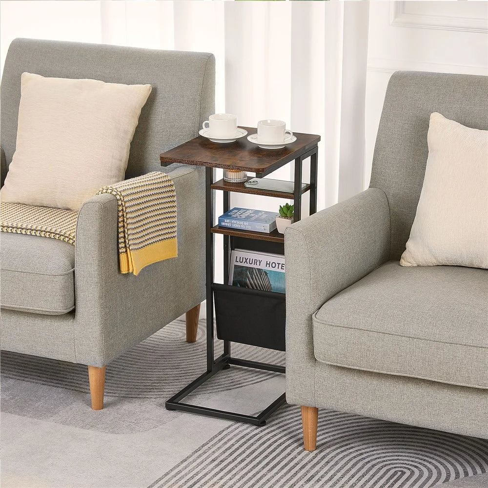 DULCII 595-C2 Narrow Side Table with Magazine Holder, 40x30x71cm - Rustic Brown - 7