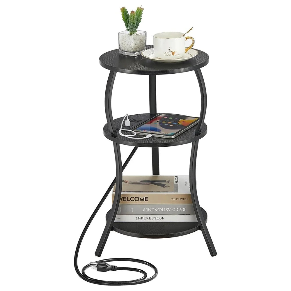 DULCII 3-Tier Round Side Table with UK Plug Power Outlet 300 x 550mm Tablet - Black Dark Walnut - 1