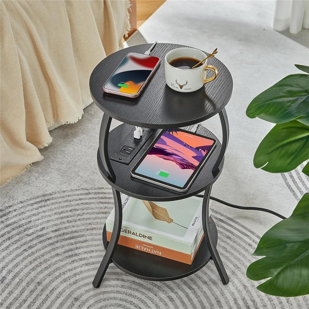 DULCII 3-Tier Round Side Table with UK Plug Power Outlet 300 x 550mm Tablet - Black Dark Walnut - 6