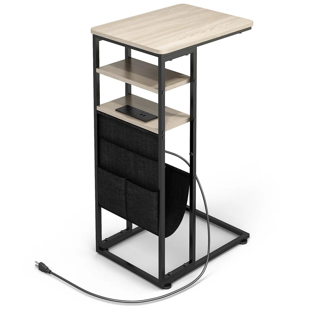 DULCII Double Column C-Shaped Side Table 40x30x71cm Tablet with Power Outlet / Oxford Fabric Storage Bag - Oak - 1