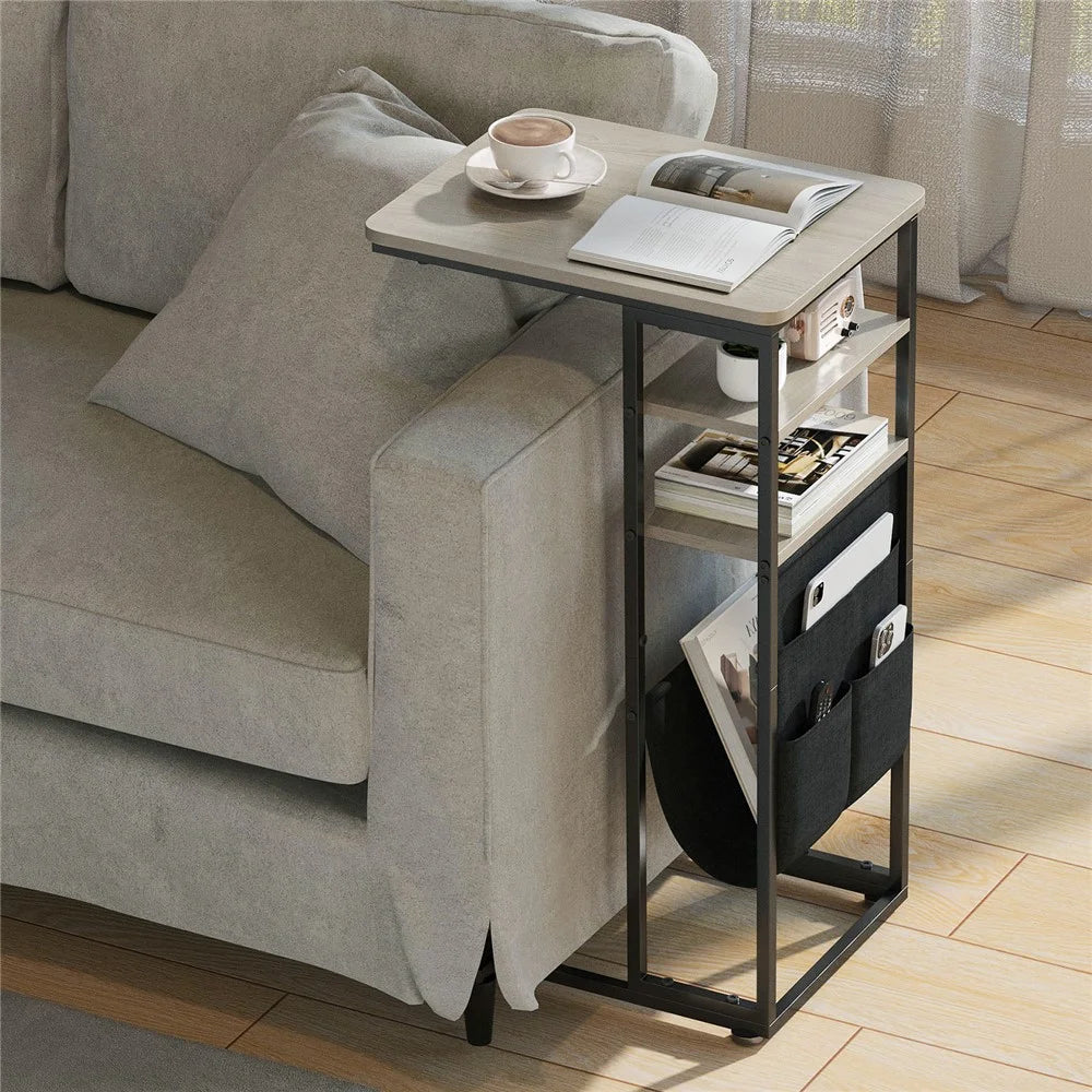 DULCII Double Column C-Shaped Side Table 40 x 30 x 71cm with Oxford Fabric Bag - Oak - 2