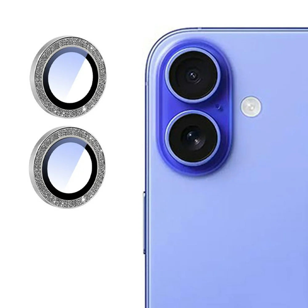 For iPhone 16 / 16 Plus Camera Lens Protector Glitter Decor Metal Frame Lens Film with Installation Tool - 1