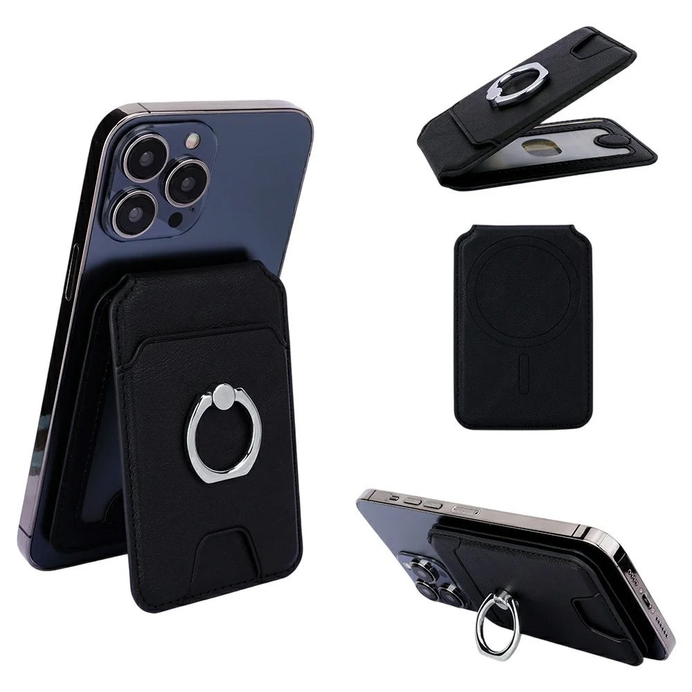 Rotary Phone Ring Holder Kickstand with Card Holder Cowhide Texture Leather Magnetic Card Slots - Black - 1