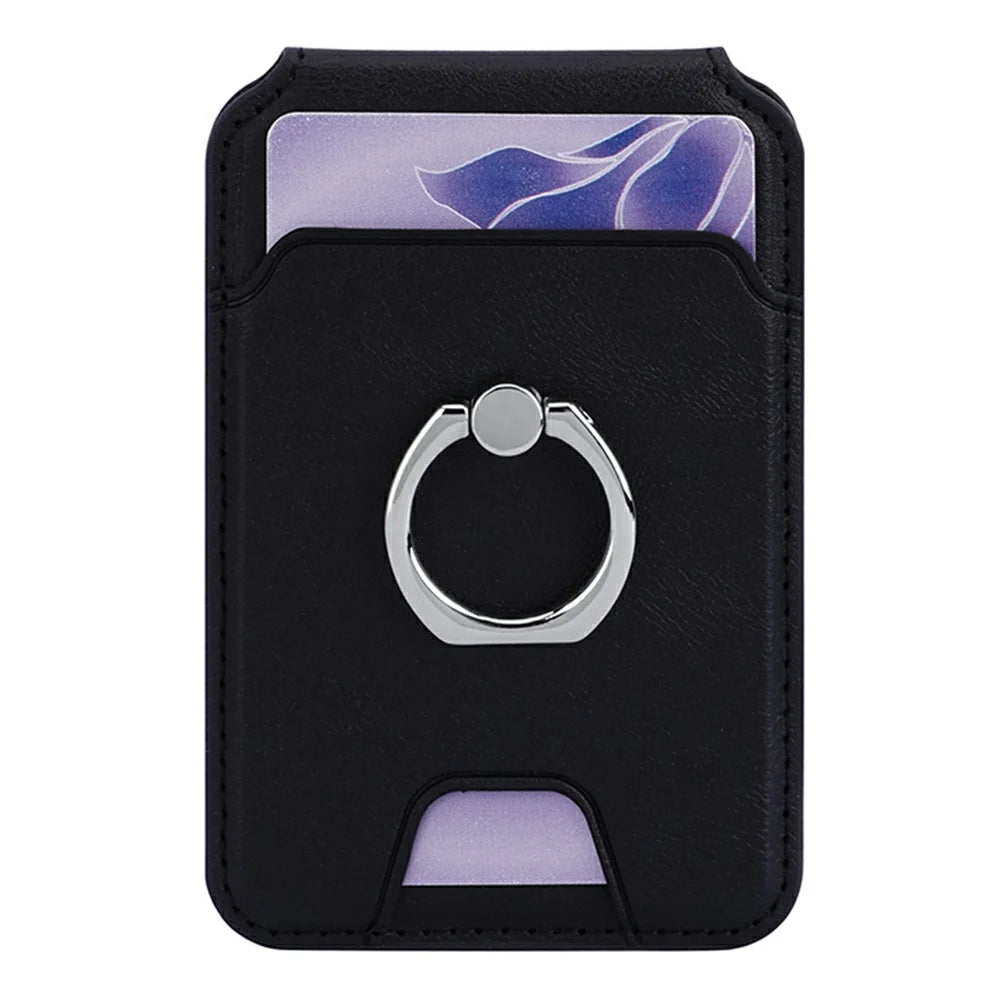 Rotary Phone Ring Holder Kickstand with Card Holder Cowhide Texture Leather Magnetic Card Slots - Black - 5