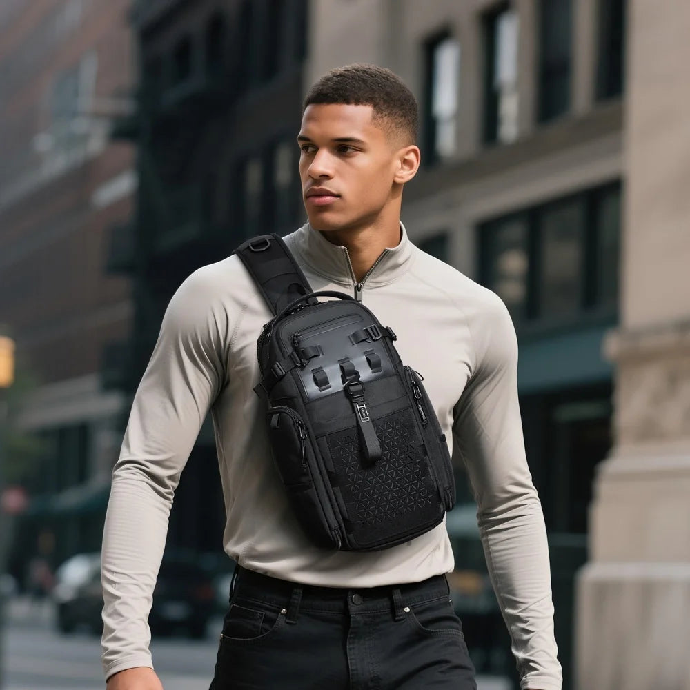 OZUKO 9844 Tactical Chest Bag Waterproof Oxford Cloth Geometric Design Crossbody Bag for Outdoor Sports - Black - 2