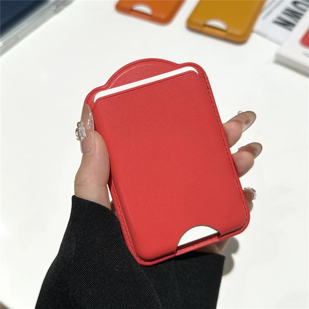 Magnetic Wallet Phone Card Holder Leather Slim Cardholder Strong Magnet Phone Pocket - Red - 1