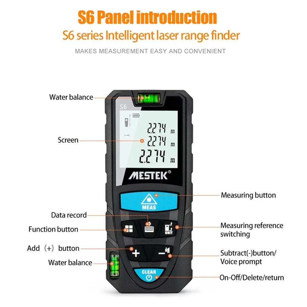 MESTEK S6 Multifunction Distance Meter Laser Measure Meter 50m/164ft Digital Screen Portable Area Volume Measure Tool - 7