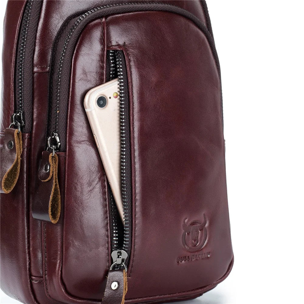 BULLCAPTAIN 100 Top-Layer Cowhide Leather Sports Chest Bag Crossbody Single Shoulder Bag Daypack - Coffee - 6