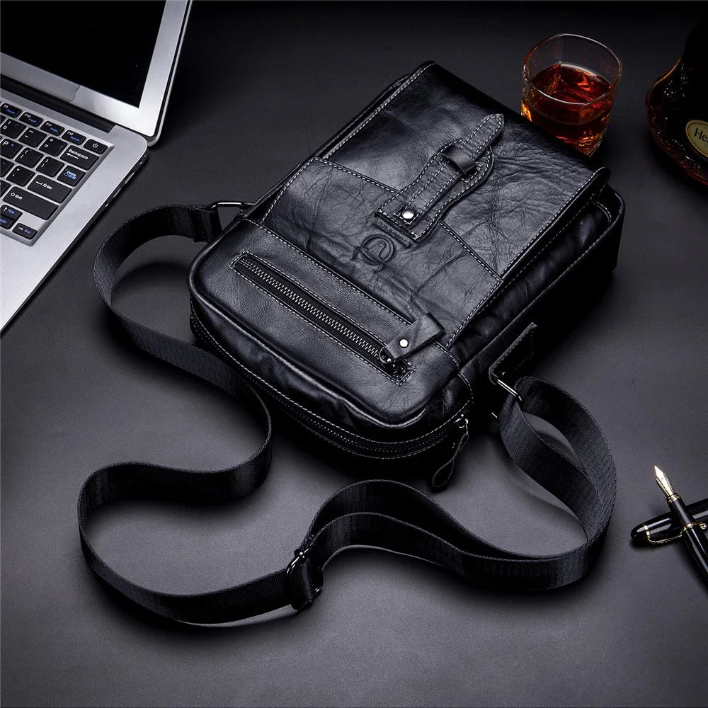 BULLCAPTAIN 053 Business Style Shoulder Bag Top-Layer Cowhide Leather Travel Bag Large Crossbody Bag, Size: L - Black - 6