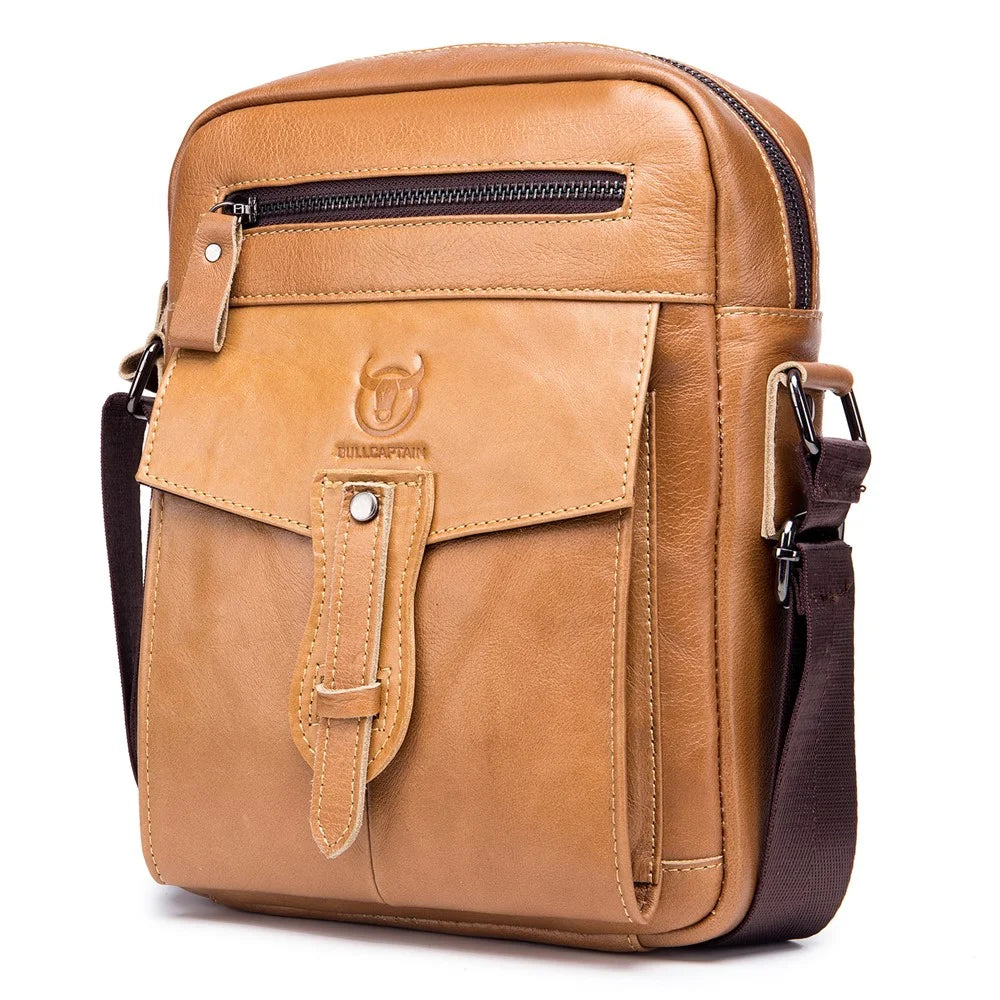 BULLCAPTAIN 053 Large Crossbody Bag Business Style Shoulder Bag Top-Layer Cowhide Leather Travel Bag, Size: S - Yellowish-brown - 1