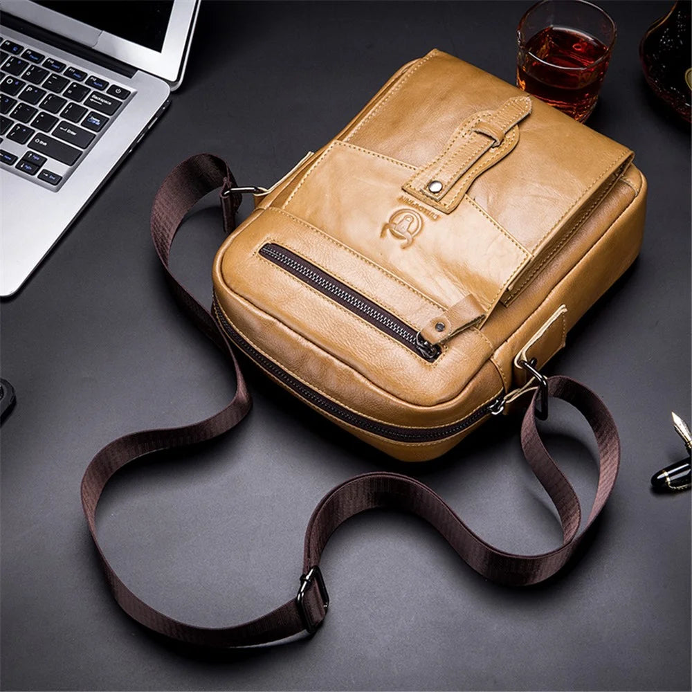 BULLCAPTAIN 053 Large Crossbody Bag Business Style Shoulder Bag Top-Layer Cowhide Leather Travel Bag, Size: S - Yellowish-brown - 2