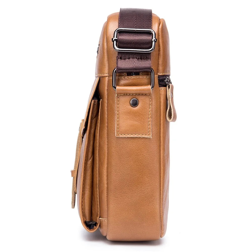 BULLCAPTAIN 053 Large Crossbody Bag Business Style Shoulder Bag Top-Layer Cowhide Leather Travel Bag, Size: S - Yellowish-brown - 4