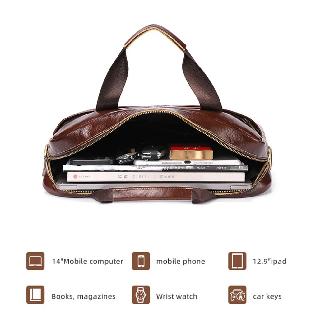 BULLCAPTAIN 053 Business Briefcase Top-Layer Cowhide Leather Handbag Shoulder Bag Laptop Messenger Crossbody Bag - Coffee - 3