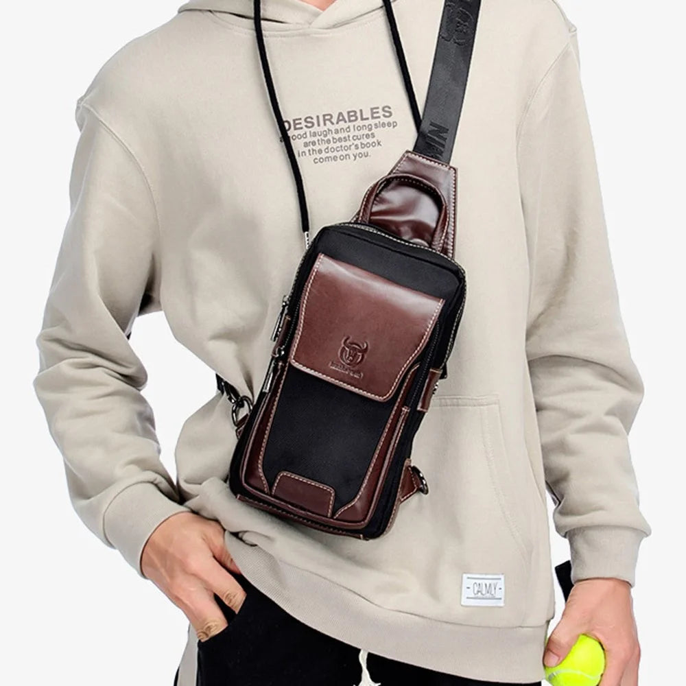 BULLCAPTAIN 9999 Top-Layer Cowhide Leather Chest Bag Crossbody Bag Daypack for Travel, Shopping, Business Trip - Black / Blue - 5