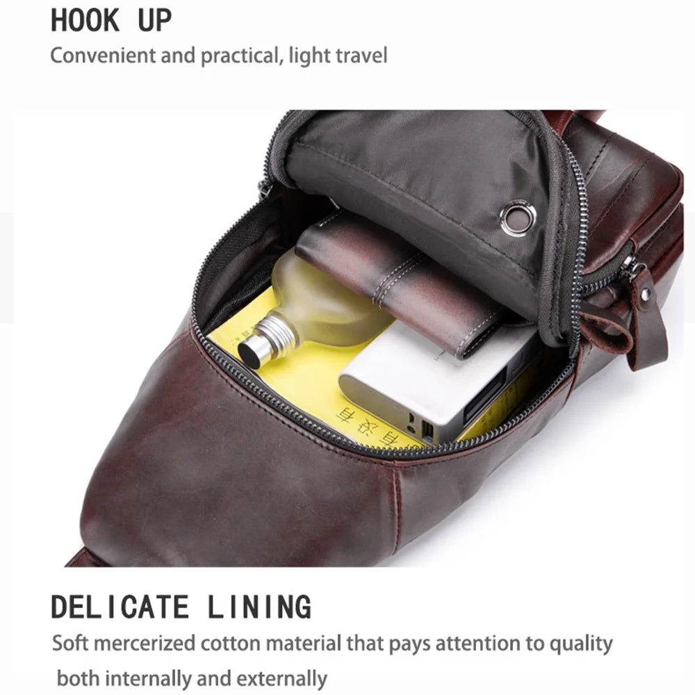 BULLCAPTAIN 105 Casual Sport Men Chest Bag Top Layer Cowhide Leather Single Shoulder Bag, Size L - Coffee - 6