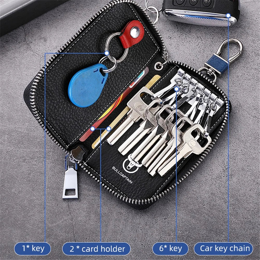 BULLCAPTAIN 499 Keys Holder Bag with Card Slot Top Layer Cowhide Leather Zipper Key Case - Blue+Red - 2