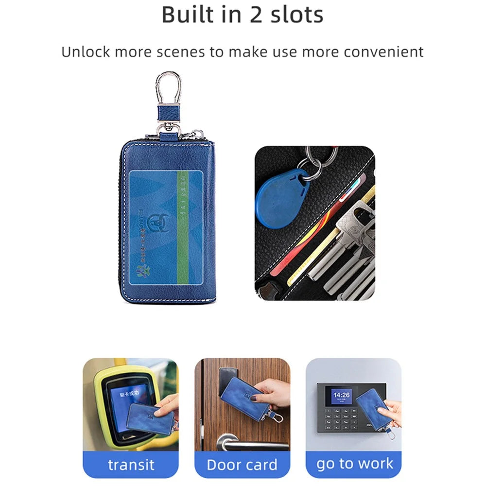 BULLCAPTAIN 499 Keys Holder Bag with Card Slot Top Layer Cowhide Leather Zipper Key Case - Blue+Red - 5