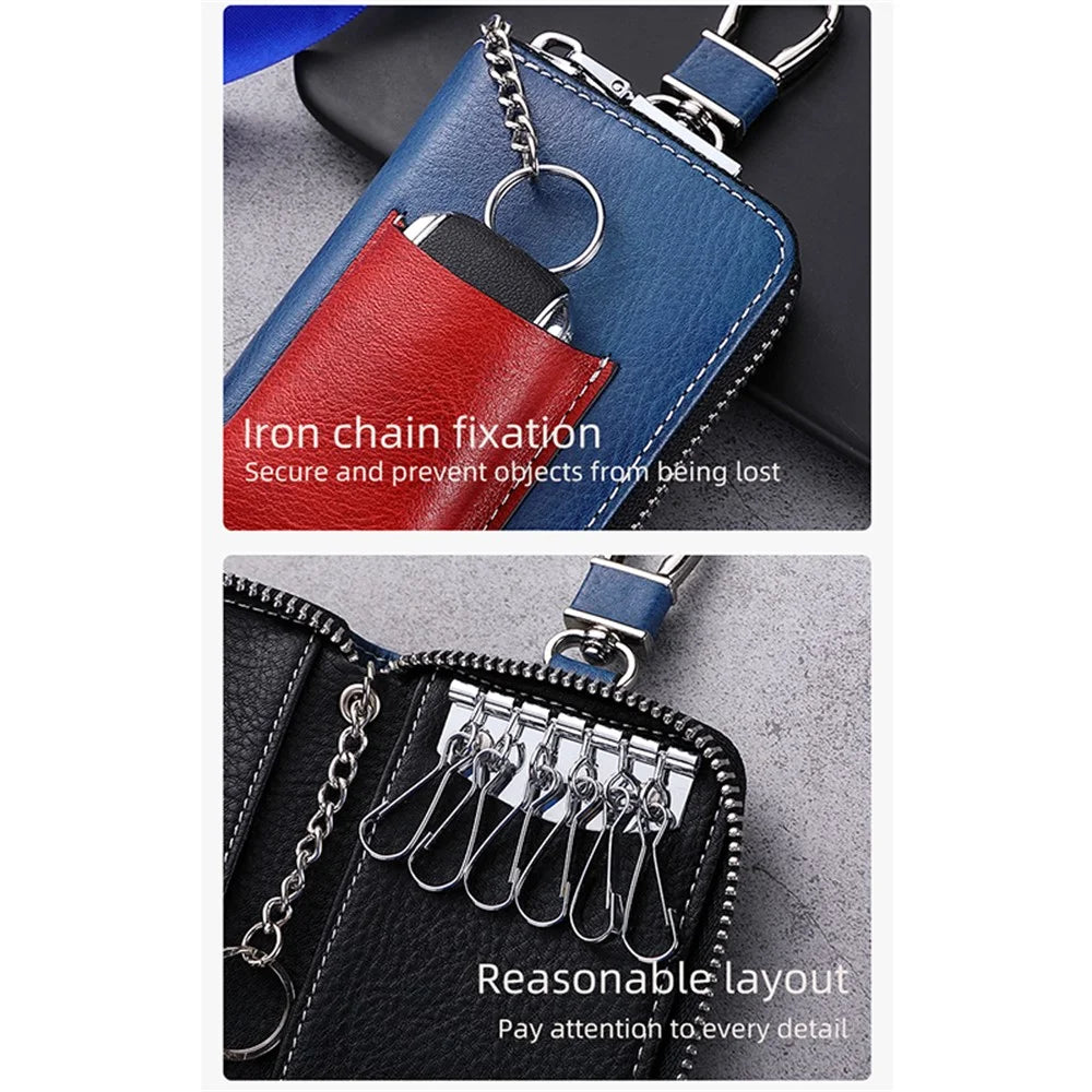 BULLCAPTAIN 499 Keys Holder Bag with Card Slot Top Layer Cowhide Leather Zipper Key Case - Blue+Red - 7