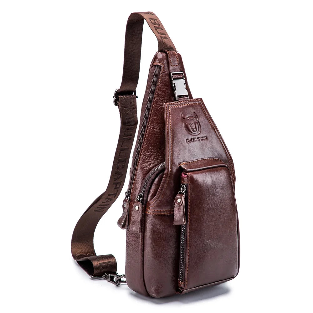 BULLCAPTAIN 086 Top Layer Cowhide Chest Bag Stylish Casual Men Crossbody Single Shoulder Bag - Brown - 1