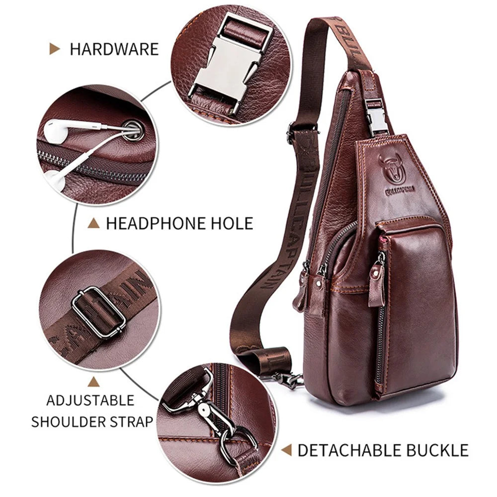 BULLCAPTAIN 086 Top Layer Cowhide Chest Bag Stylish Casual Men Crossbody Single Shoulder Bag - Brown - 3