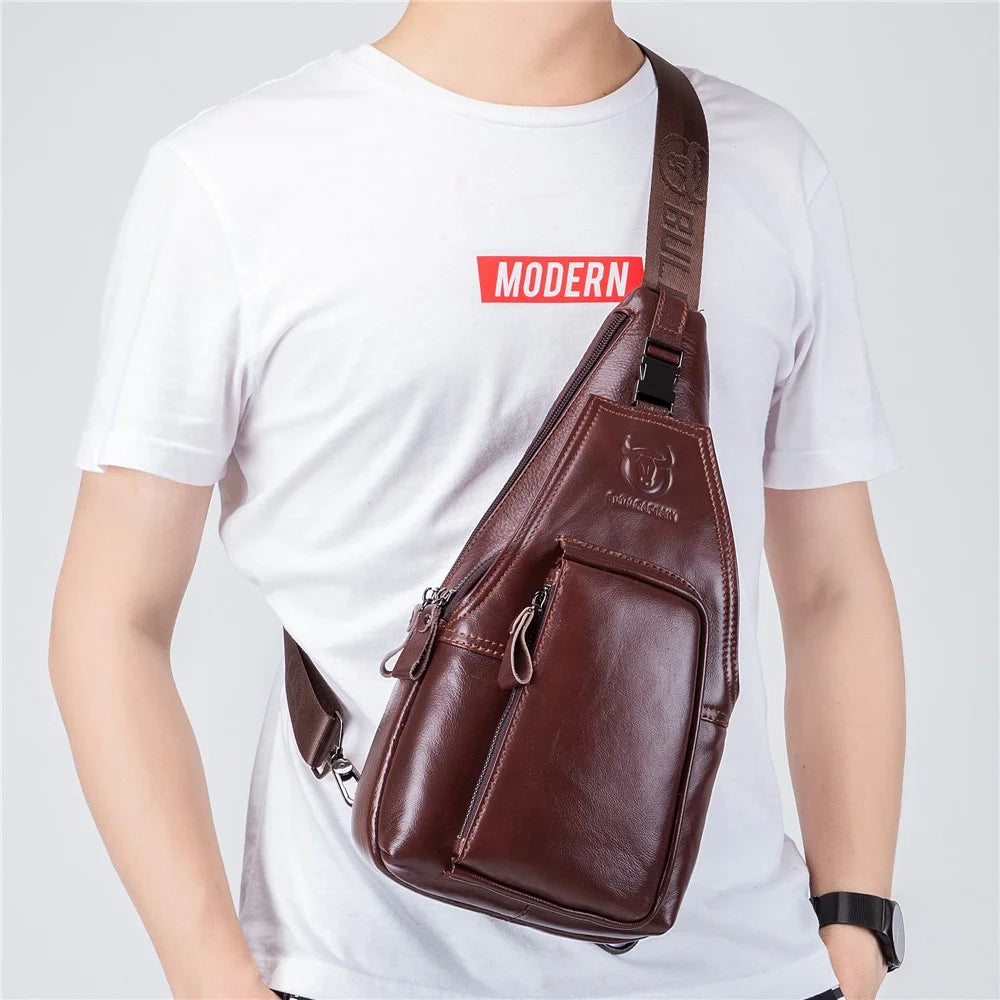BULLCAPTAIN 086 Top Layer Cowhide Chest Bag Stylish Casual Men Crossbody Single Shoulder Bag - Brown - 6