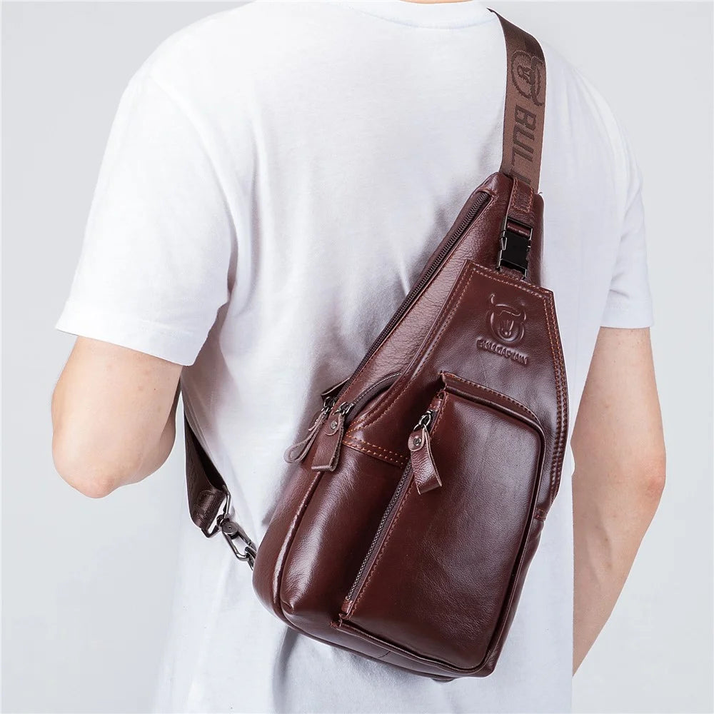 BULLCAPTAIN 086 Top Layer Cowhide Chest Bag Stylish Casual Men Crossbody Single Shoulder Bag - Brown - 7