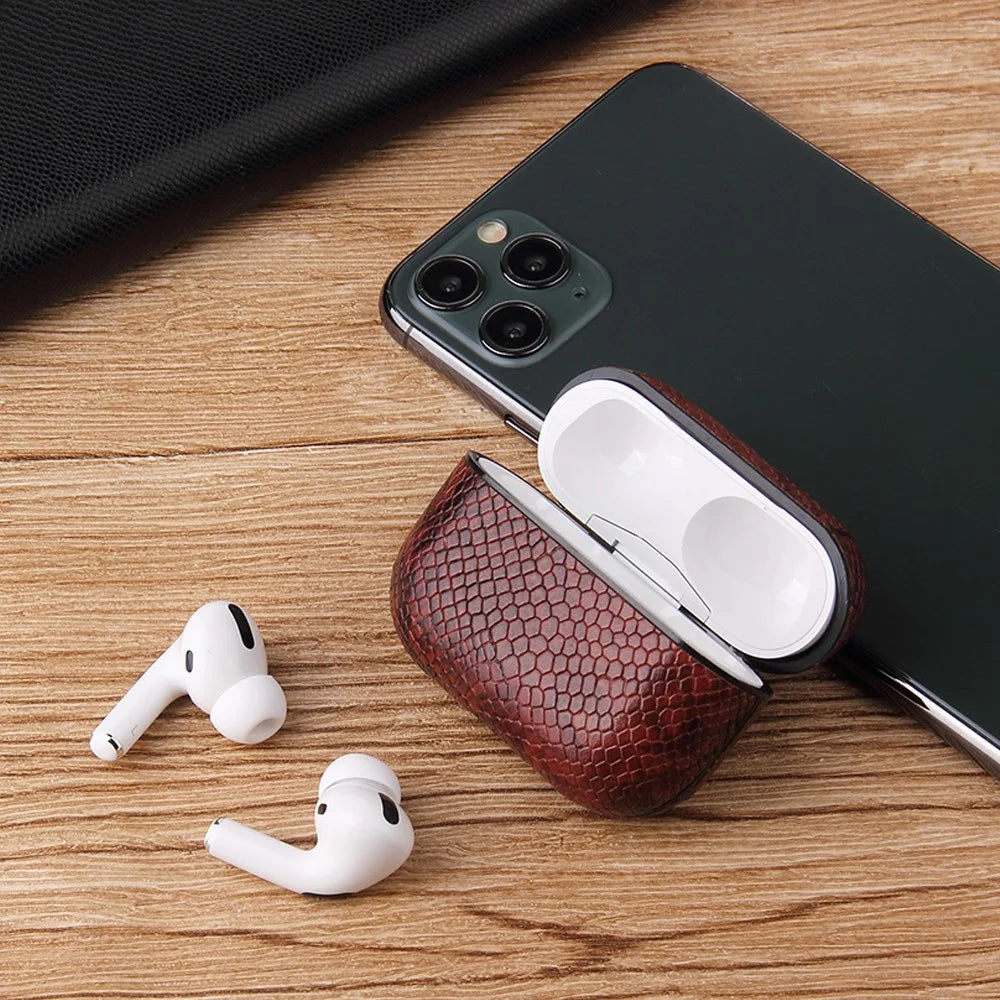 Pure Color Snake Texture Leather Cover with Hook for Apple AirPods Pro - Silver - 7