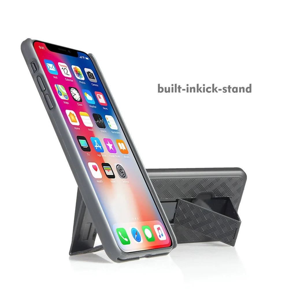 For iPhone XR 6.1 inch Woven Texture Swivel Belt Clip Holster PC + TPU Hybrid Case - Black - 6
