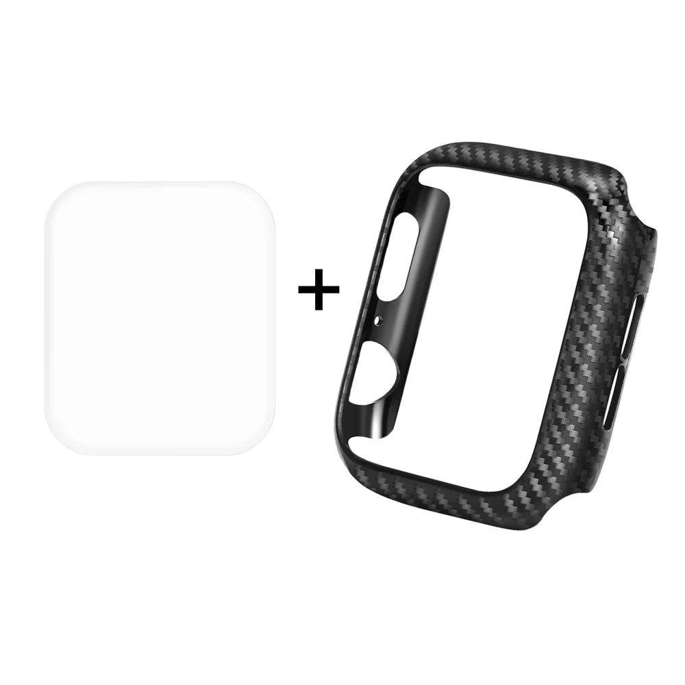 HAT PRINCE for Apple Watch Series SE3 / SE2 / SE1 / 6 / 5 / 4 44mm Carbon Fiber Texture TPU Protective Case + 3D Full Size Curved Hot Bending HD Clear PET Film - 1